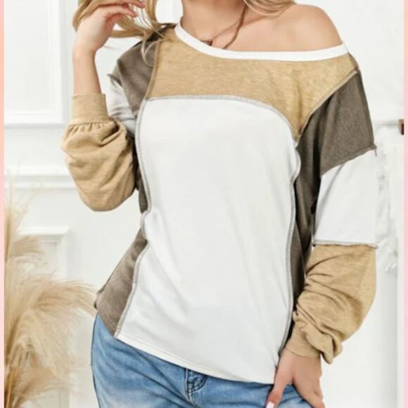 Military Green/Nude Exposed Seam Color Block Patchwork Top - Picture 3 of 5